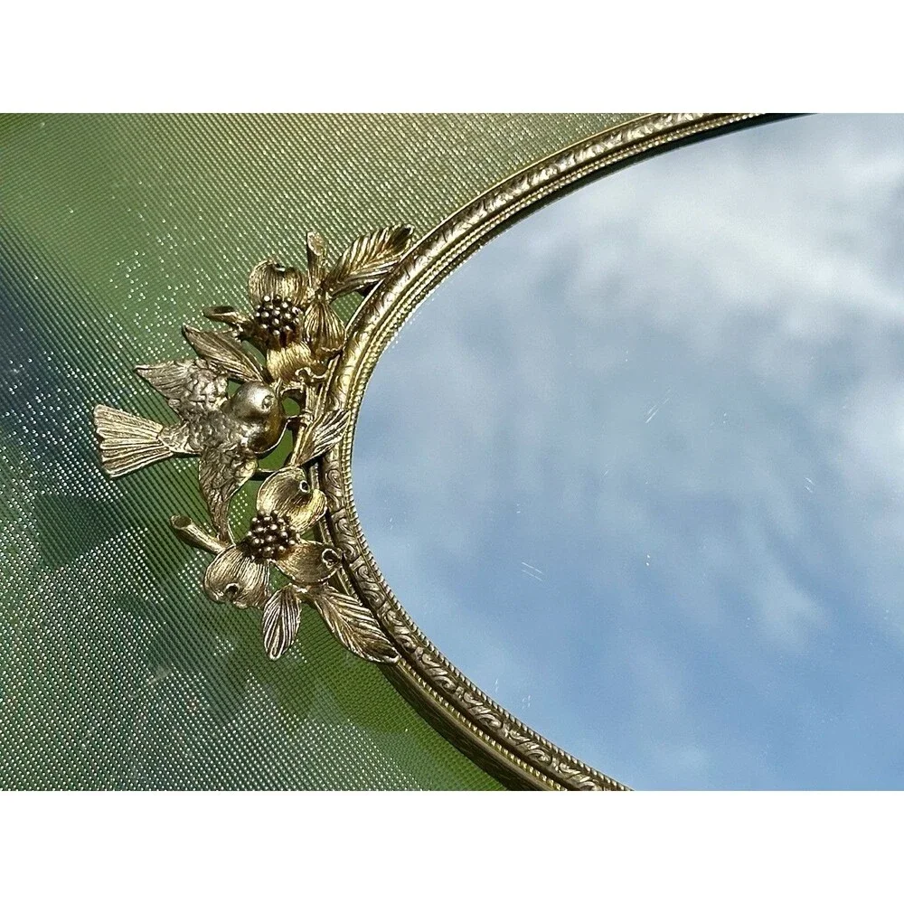 Vintage Matson Vanity Mirror Tray Birds Dogwood Gold Plated Hollywood Regency